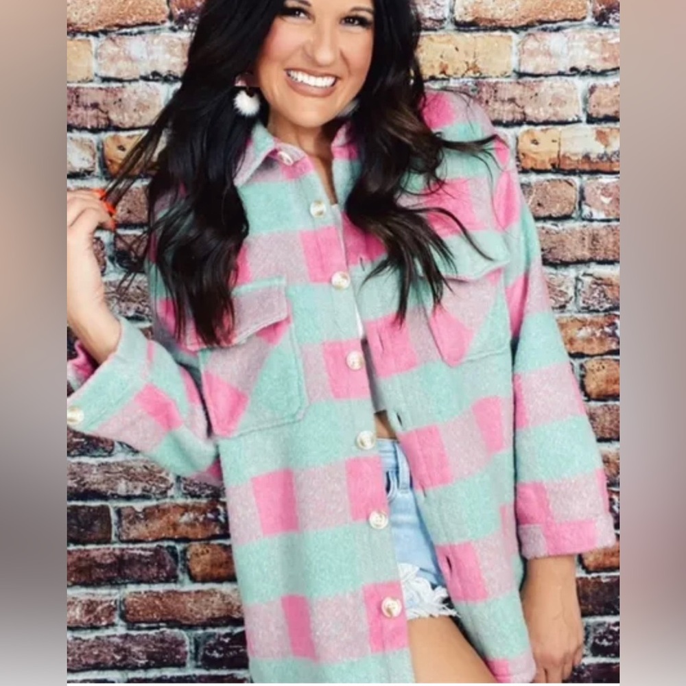 pink and mint green plaid shacket by Davi & Dani